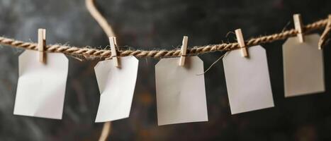 Blank notes hanging on a string with clothespins photo