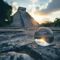 Crystal Ball in Front of Ancient Pyramid at Sunset photo