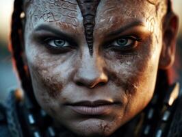 Intense warrior with tribal face paint staring fiercely photo