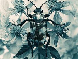 Monochrome Image of a Beetle on a Flower photo