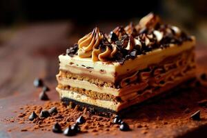 Decadent Chocolate Layer Cake on a Rustic Table photo