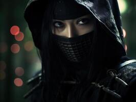 Mysterious person in a hooded cloak with a masked face photo