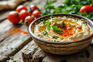 Homemade hummus in a rustic bowl garnished with parsley and pine nuts photo