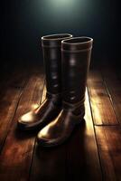 Pair of rubber boots on wooden floor with dramatic lighting photo