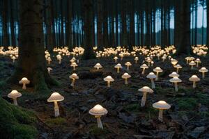 Enchanted Forest with Illuminated Mushrooms at Twilight photo