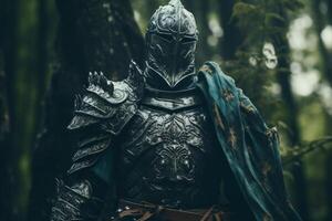 Medieval knight in armor standing in a forest photo