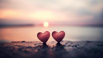 Romantic Sunset with Heart Shaped Objects on the Beach photo
