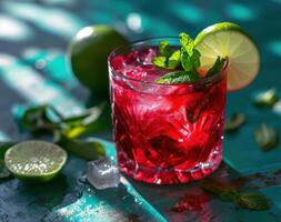 Refreshing Berry Cocktail with Lime and Mint on a Vibrant Background photo