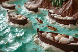 Chocolate boats with marshmallows on a sea of mint candy photo
