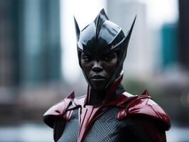 Confident superhero in futuristic armor posing in an urban setting photo