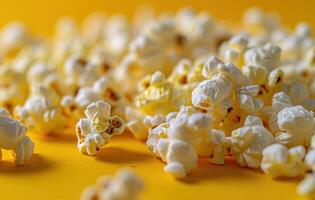 Close up of Freshly Popped Popcorn on a Yellow Background photo