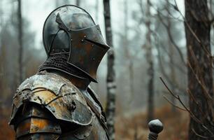 Medieval knight in armor standing in a misty forest photo