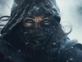 Mysterious person with intense gaze braving a snowstorm photo