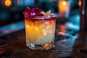 Exotic Cocktail Garnished with a Flower on a Bar Counter photo