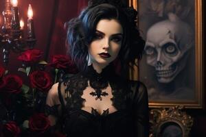 Mysterious woman in gothic attire with skull painting in the background photo