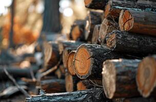 Stack of freshly cut timber in the forest photo