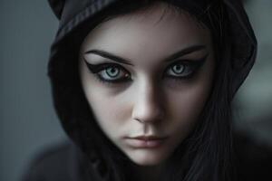 Mysterious person with intense gaze wearing a hood photo