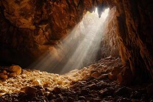 Sunlight streaming through a cave opening photo