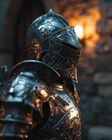 Medieval knight armor on display with dramatic lighting photo