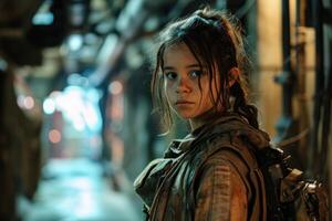 Young girl with a determined look in a dystopian setting photo