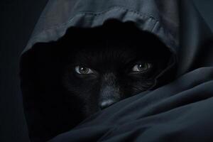 Mysterious figure with intense gaze shrouded in darkness photo