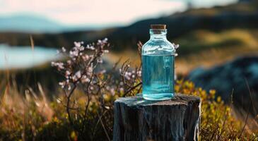 Glass bottle with clear liquid on a wooden stump in nature photo