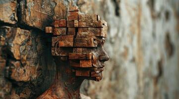 Conceptual Art of a Wooden Block Head Merging with a Stone Wall photo