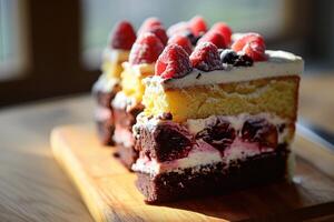 Delicious layered berry cake on a wooden table photo