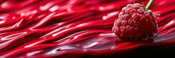 Raspberry on Glossy Red Surface photo