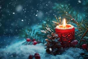 Festive Candle and Pine Branches in Snowy Setting photo