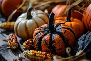 Assorted pumpkins and corn on a rustic wooden surface photo