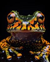 Close up of a Colorful Frog on a Dark Background photo