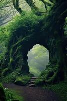 Mystical Forest Pathway Shrouded in Fog photo