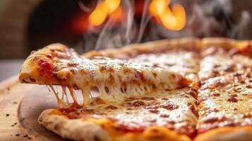 Delicious cheesy pizza slice being served with a backdrop of a flaming oven photo