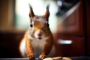 a squirrel standing on a bar with cookies photo