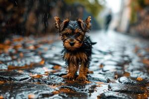 a wet dog standing on wet rocks photo