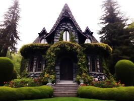 a house with a stone roof and a stone staircase photo