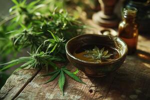 a bowl of liquid with leaves on it photo
