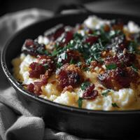 a bowl of food on a cloth photo