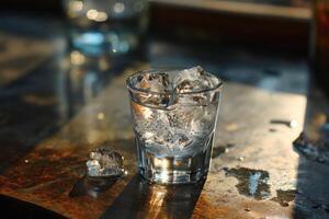 a glass of ice water and ice cubes on a table photo