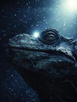 a reptile with a bright light shining on its face photo