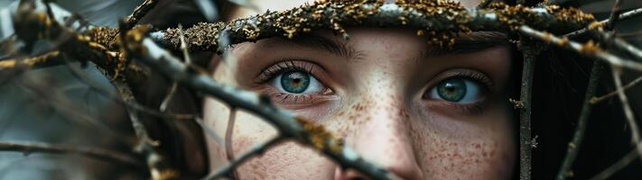 a person looking through a tree branch photo