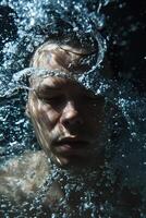 a man under water with his eyes closed photo