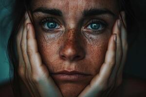 a close up of a woman with blue eyes and freckles photo