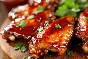 a group of chicken wings with sauce photo