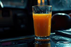 a glass of orange juice on a table photo