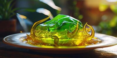 a green and yellow jelly on a plate photo