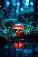 a red mushroom with water drops on it photo