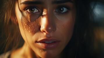 a close up of a womans face photo