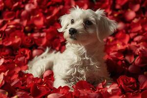 a dog lying in a pile of red rose petals photo